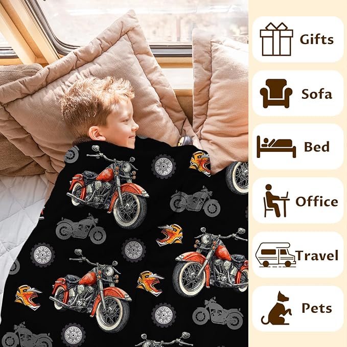 Throw Blankets for Boys Men Motorcycle Blanket Gift for Kids Adults - 60x80 Inches Soft Cozy Throw for Sofa Chair Couch Bed