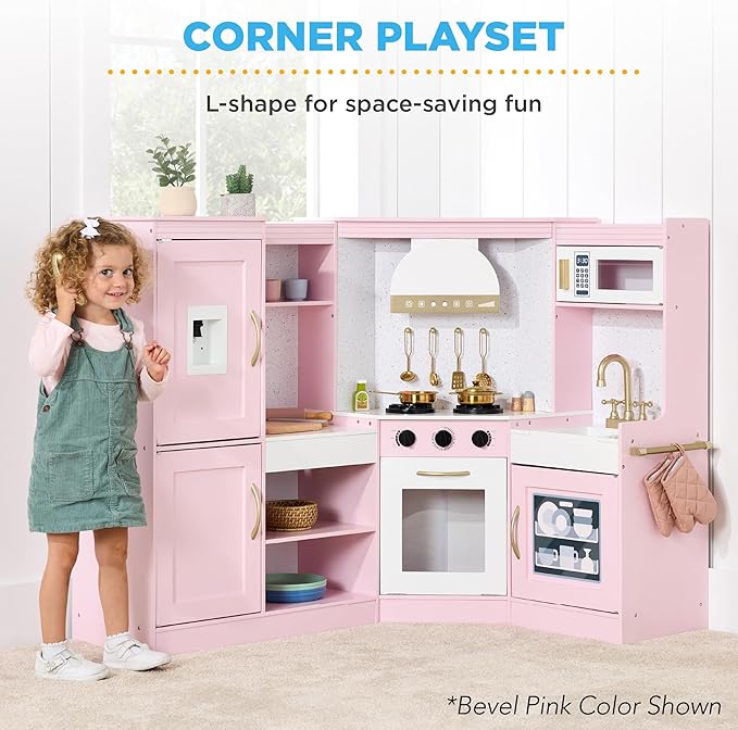 Best Choice Products Pretend Play Corner Kitchen, Ultimate Interactive Wooden Kids Playset w/Lights & Sounds, Ice Maker, Hood - Espresso
