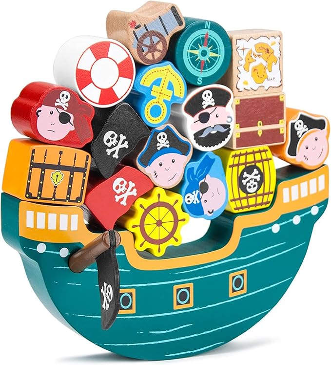 Imagination Generation Wooden Wonders Balancing Playset | Develops Dexterity, Motor Skills, Sharing Skills | Safe Wood & Paint | 18 PC Pirate Boat Playset