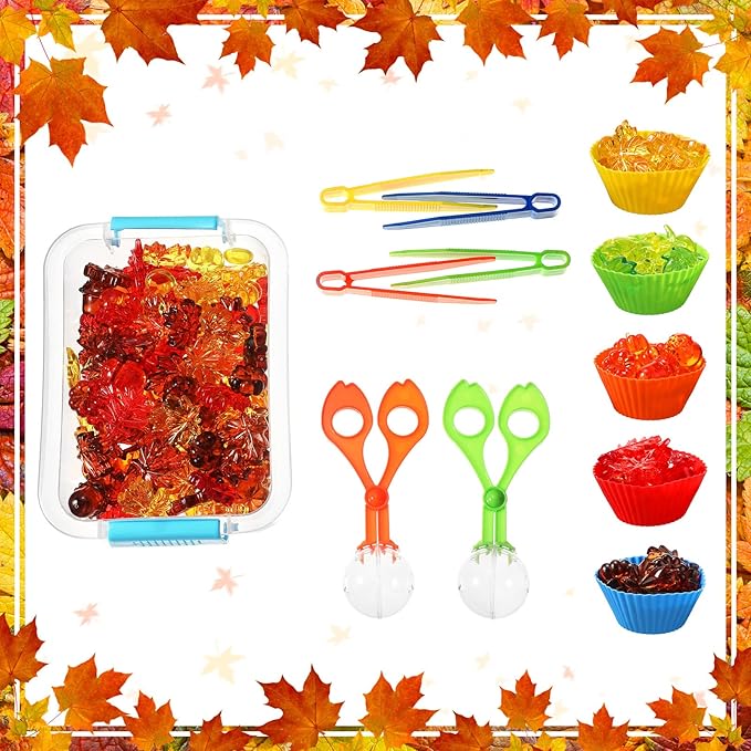 147 Pcs Fine Motor Toys Counting Sorting Fall Decorations, Sensory Bin Filler, 135 Acrylic Fall Leaves Pumpkin 4 Tweezers 2 Scissors Clips 5 Cups Storage Box for Fall, Autumn Thanksgiving Decor