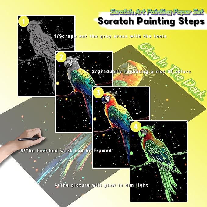 Scratch Paper Art for Adults-Glow in The Dark Scratch Painting Craft Kit (8 Sheets A5)|DIY Foil Engraving Art Set|Stress Relief Gift for Craft Lovers|Creative Scratch Art Home Decor(Animal Series)
