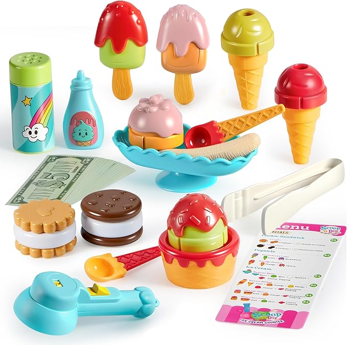 Ice Cream Play Food Pretend Toy for Role Play, Play Kitchen Accessories, Christmas Preschool Gifts for Girls Boys Kids Toddlers 3+