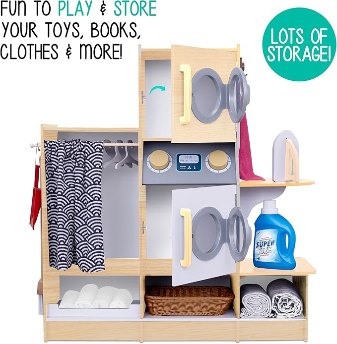 Lil’ Jumbl Kids Washer and Dryer Playset, Wooden Children's Pretend Laundry Set, Includes Broom, Dustpan, Iron, Hangers & Basket, Realistic Laundry Room for Kids - Natural