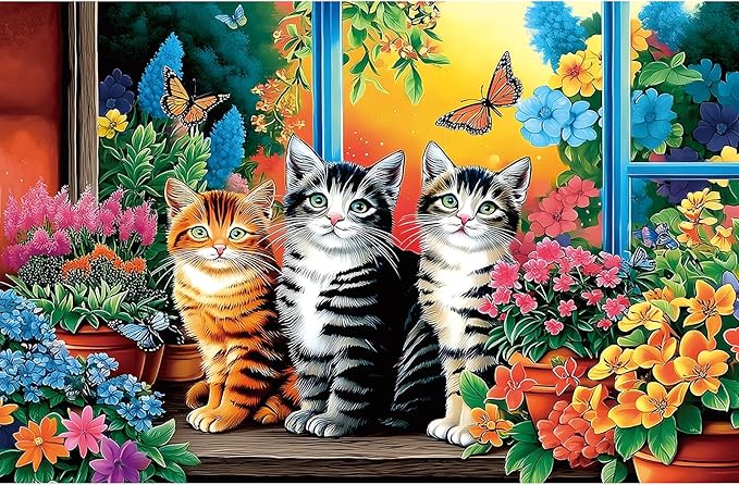 500 Piece Cat Jigsaw Puzzle for Adults - 23x15 Inch Cute Kittens in Garden Window with Butterflies & Flowers, Unique Art Puzzle for Home Decor & Gift