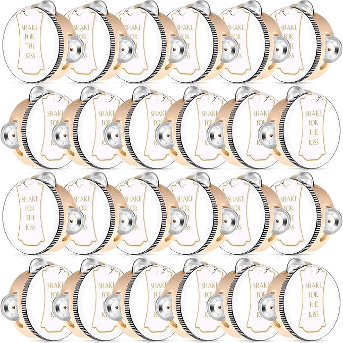 24 Set 4 Inch Tambourine for Adults Wooden Hand Held Drum with Metal Jingles, Gift Tags, White I Love You Printed Ribbon Percussion Gift Musical Instrument for Church Wedding Party Favor
