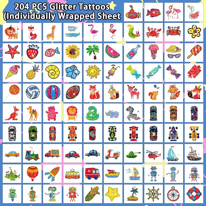 Partywind 204 Glitter Styles Individually Wrapped Sheets Kids Fake Tattoos, Birthday Surprise for Boys and Girls Party Supplies Favors, Waterproof Tattoo Stickers for Goodie Bag Stuffers