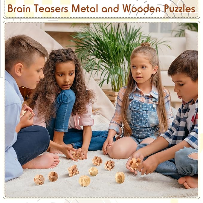 Yilloog 12 Pcs Wooden Brain Teaser Puzzles Set, Educational Games 3D Wooden Puzzle, Logic IQ Mind Challenging Puzzles for Adults Kids Christmas Birthday Gifts