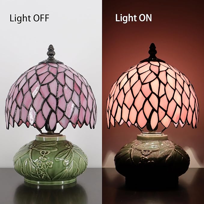 Small Tiffany Lamp Mushroom Table Lamp, Mini Stained Glass Desk Light Memory Sympathy Ceramic lamp 8X11 Inch (Pink Wisteria)