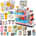 Pretend Play Cash Register Toy Set with Scanner, Play Money, Calculator, Coffee Machine and Play Food for Kids Ages 3+ (Pink)