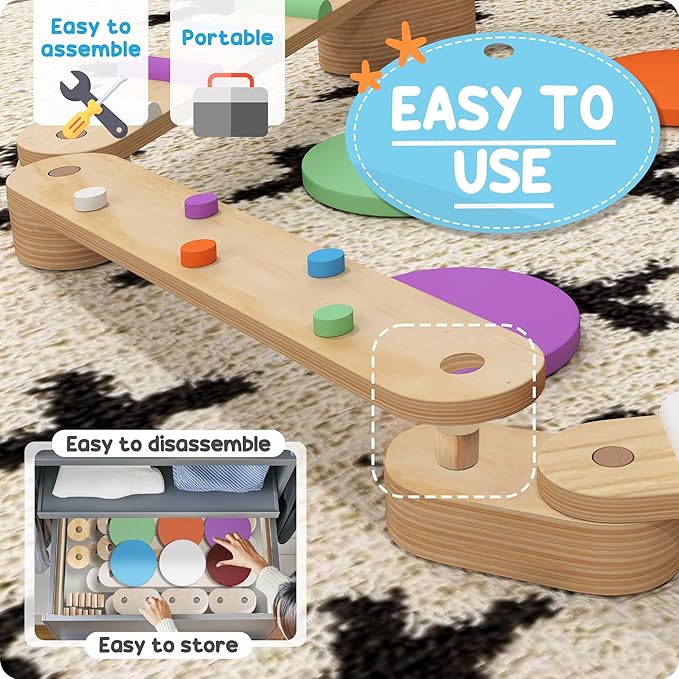 Qaba Kids Balance Beam, Wooden Balance Board with Stepping Stones, Gymnastics Obstacle Course for Toddlers 3-8 Years for Motor Skills Coordination, Indoor Outdoor Use