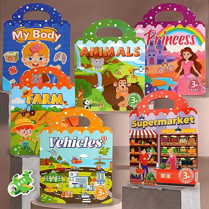 ASTARON 6 Pack Reusable Sticker Book, 3D Stickers for Toddlers 3-4 Years, Portable Travel Toys and Busy Book for Kids 3 4 Year Old Girls Boys