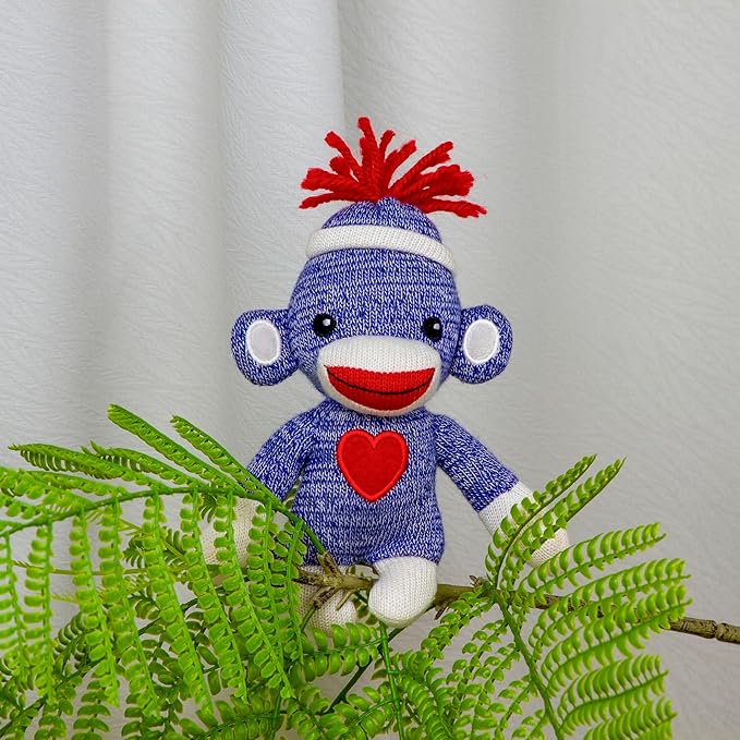 Plushland Adorable Sock Monkey, The Original Traditional Hand Knitted Stuffed Animal Toy Gift-for Kids, Babies, Teens, Girls and Boys Baby Doll Present Puppet 6 Inches (Blue)
