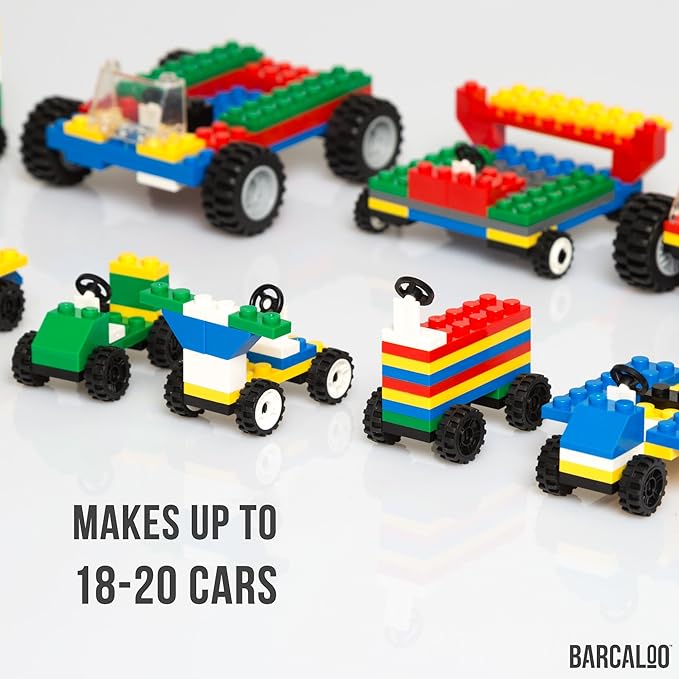 Barcaloo 400 Piece Wheels and Axles Sets, Building Bricks Car Parts and Pieces Kit - Car Building Set with Wheels, Axles & Windshields and Bonus Bricks