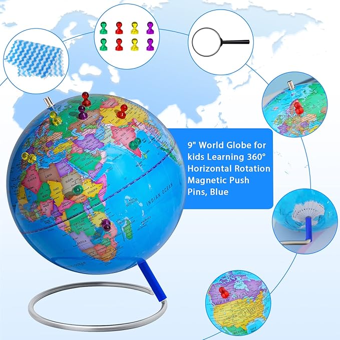 9" World Globe for kids Learning, Classroom Desk, Geographic Globe with iron Stand & colorful Magnetic Push Pins & magnifier & handkerchief, 360° Horizontal Rotation Educational World Globe, Blue
