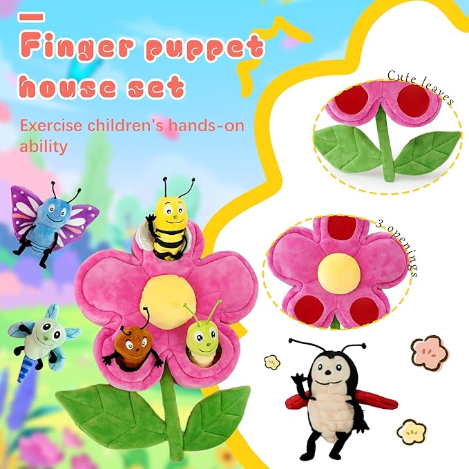 6pcs Insect Finger Puppets Bringing a Flowers House, Novelty Animals Toys Puppet for Kids, Storytelling Role-Playing Plush Finger Puppets Gifts for Boys and Girls