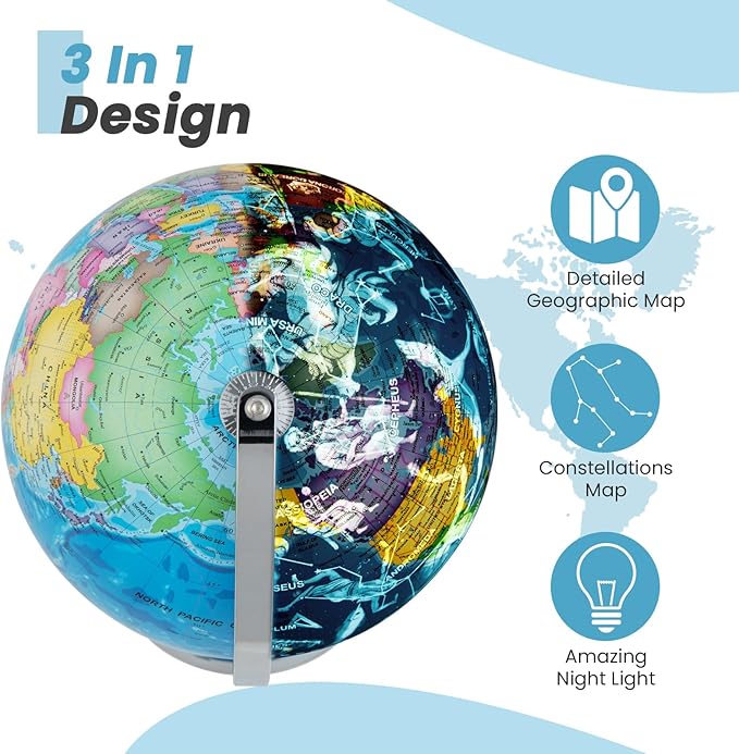 S AFSTAR Illuminated World Globe, 3-in-1 Light Up Constellation Globe with World Map, 88 Constellations & Night Light, Rotating Earth for Home Office