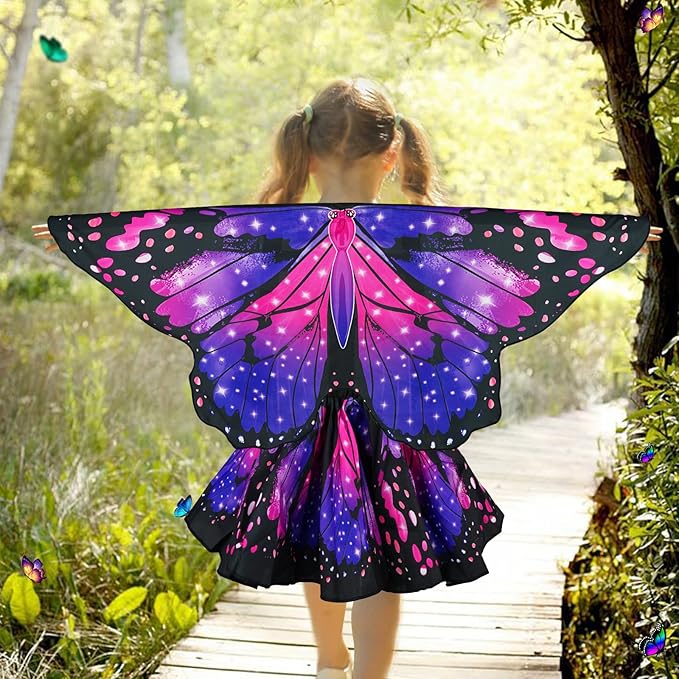 Butterfly Costume for Girls Fairy Wings Kids 4 Pcs(Cape,Skirts,Masks,Hair Clips) Butterfly Wings for Halloween Gifts