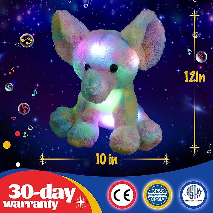Glow Guards 12'' Musical Light up Rainbow Elephant Stuffed Animal,LED Singing Soft Wildlife Animal Plush Toy with Night Lights&Lullaby,Birthday Children's Day Hoilday Gift for Toddler Kids