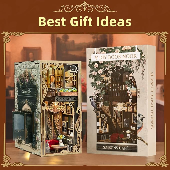 Book Nook Kit, DIY Miniature Dollhouse Book Nook Kit with Dust Cover and LED Light for Teens and Adults (Saisons Café)