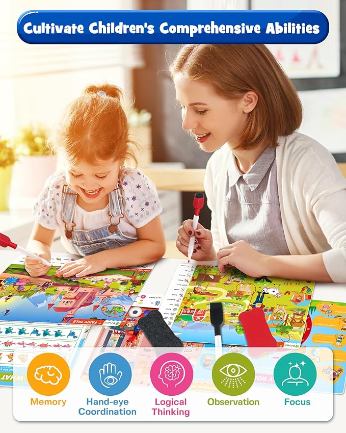 Preschool Learning Activity - Search and Find Book, Reusable Learning & Education Toys, Travel Game for Road Trip Car Airplane, 24 Activity with 4 Dry Erase Markers, Birthday Gifts for Kid Ages 3-6