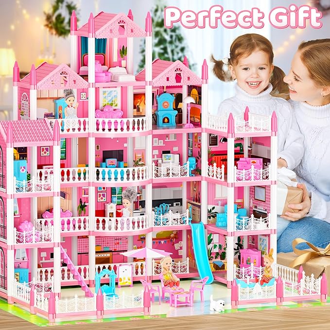 5-Story Dream Doll House for Girls with 19 Rooms, Lights, Dolls, and Furniture - Large DIY Playhouse for Grils Ages 6-16 - Perfect Imaginative STEM Gift for Birthdays & Holidays & Christmas