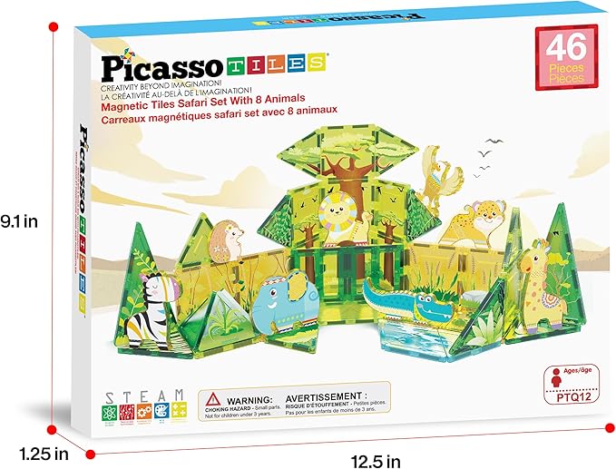 PicassoTiles Magnet Tile Building Block Safari Themed Set with 8 Compatible Magnetized Animal Action Figures Build Blocks Toddler Creativity Toys STEAM Educational Learning Skills Ages 3+ PTQ12
