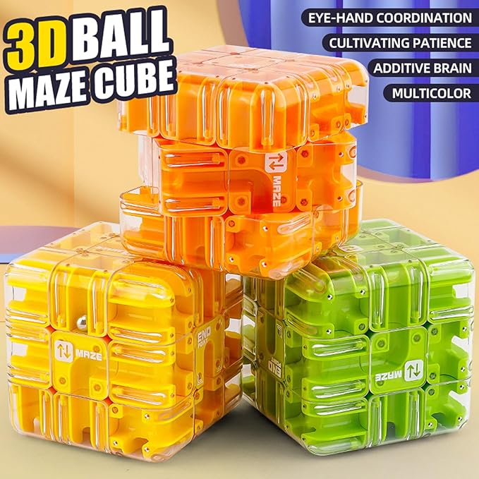 Large Labyrinth 3D Puzzle Maze Cube, Two-in-One Twist Cube Ball Maze Brain Teaser Toy, Stress Relief Fidget Game for Teens and Adults, Logic & Focus Training Gift (E-Yellow)