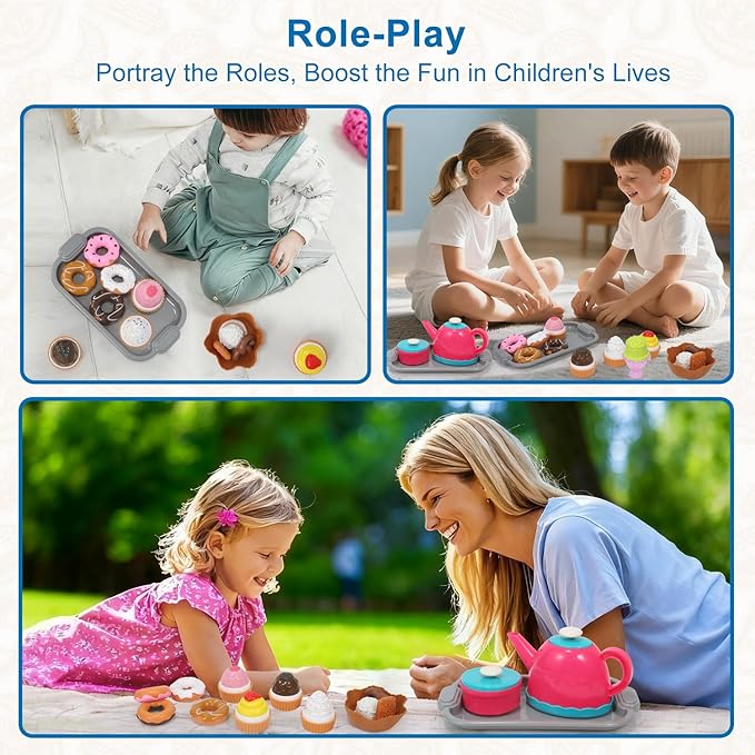 Picnic Basket Toys Play Tea Sets with Teapot Tea Cup Dessert Food,Ice Cream Playset, Pretend Play Kitchen Accessories Tea Party Set for Toddlers Kids Little Girl Boy Age 3-7 Years Old