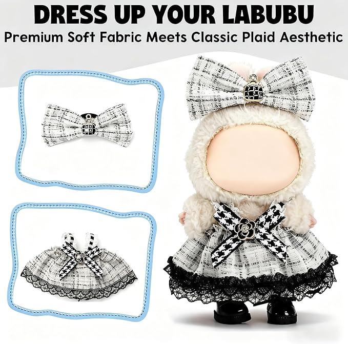 Clothes for LABUBU 17cm Doll (NO Doll)（NO Shoes, Outfit for LABUBU, Dress and Hairpin Set for LABUBU Dress Up, Fashion and Premium Dolls Accessories for LABUBU (Style K)