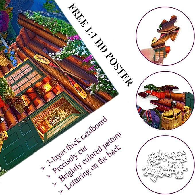 1000-piece Moonlit Night Lakeside Cabin time Adult Wooden Puzzle, Intellectual Challenge, Stress-Relieving Puzzle, Relaxing Family Activity, Decoration, Size: 29.5 x 19.7 in