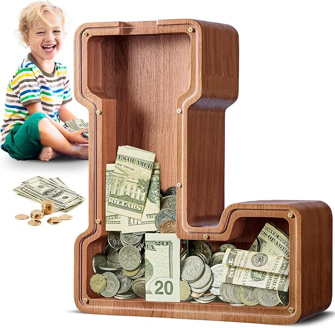 Summidate Large Wooden Piggy Bank for Kids Adults, Alphabets Letter A-Z Piggy Bank for Boys Girls, Coins Bills Change Bank Box Personalized Initial Name Kids Money Bank for Birthday Present and Decor