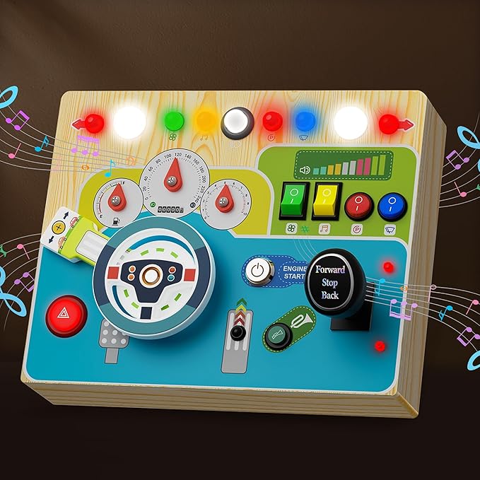 Busy Board With Led Light - Montessori Busy Board Wooden Sensory Toys for Toddlers 1 2 3 Years Old, Educational Baby Fidget Boards Toy, Creative Birthday Christmas Gifts for 1-3 2-3 3-4 Year Old Boys