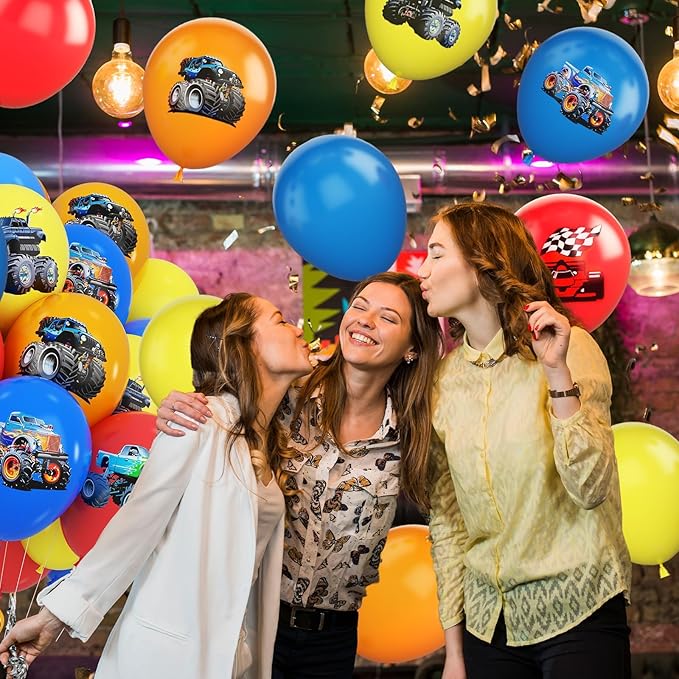 Monster Truck Balloons, 12 Inch Red Yellow Blue Orange Balloons Colorful Truck Theme Printed Latex Balloon Bouquet for Monster Truck Party Baby Shower Wedding Birthday Party Supplies
