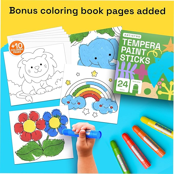 ARTISTRO 100% Washable Tempera Paint Sticks for Kids - 24 Non-toxic Paint Markers for Kids - Color Sticks with Twist Design, Coloring Pages Included