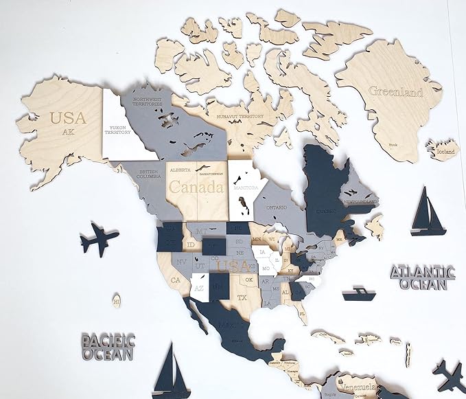 Wooden World Map 3D Art Large Wall Decor - Size (M, L, XL) Any Occasion Gift Idea - Wall Art For Home, Kitchen or Office (M, ALASKA)