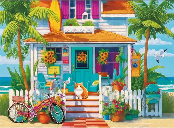 300 Piece Puzzles for Adults,Unique Colorful Beach House Puzzle for Kids Adult Seniors,Cute Kitten Jigsaw Puzzle for Kids Ages 8-10 10-12,Challenging Family Game Gift for Friends Men Women,20.5*15 In