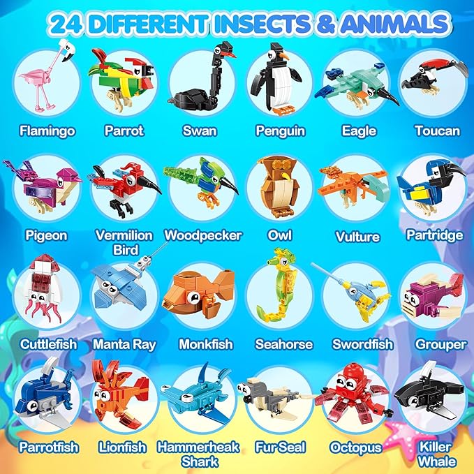 24 Pack Party Favors for Kids, Ocean Animals Building Block Sets, Small Building Bricks Toy for Goodie Bags Stuffer Classroom Prizes, Christmas Birthday Gift for Boys Girls Ages 6-12