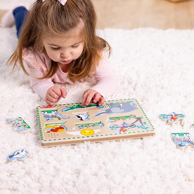 Melissa & Doug Zoo Animals Sound Puzzle – 8-Piece Wooden Peg Puzzle with Light-Activated Sounds, Music Learning Toy for Toddlers and Preschoolers Ages 2+