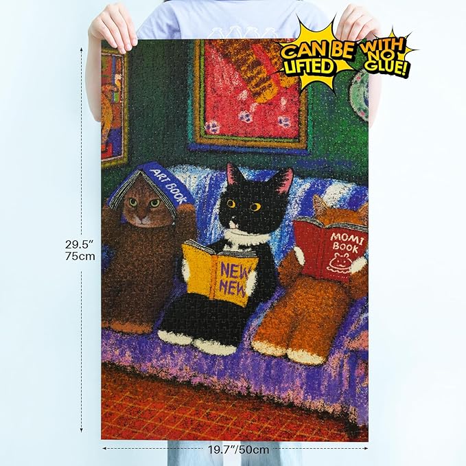 MOMIBOOK Puzzles for Adults 1000 Pieces Jigsaw Puzzles of Cat Book Club, Painting Image Animal Difficult Challenging Hard Impossible Puzzle Unique Funny Party Christmas Birthday Gifts