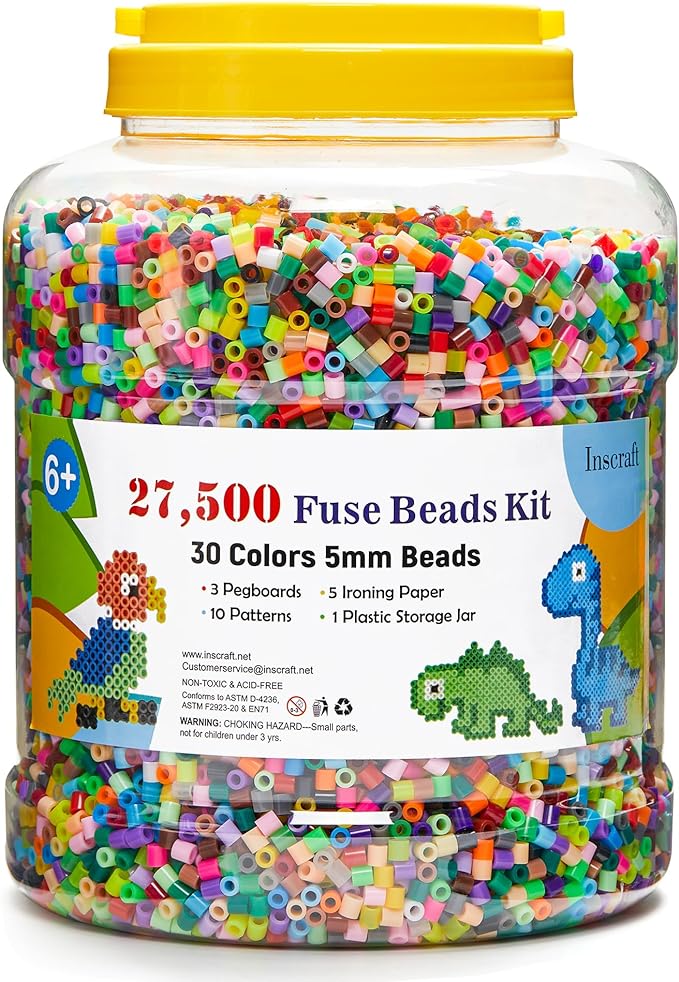 INSCRAFT 27,500 pcs Fuse Beads Kit for Kids Crafts, 30 Colors Iron Beads Set with 3 Pegboards, 5 Ironing Paper, 10 Patterns, Gifts for Birthday Christmas, Multicolor 5mm Melty Beads Bulk Refill Kit