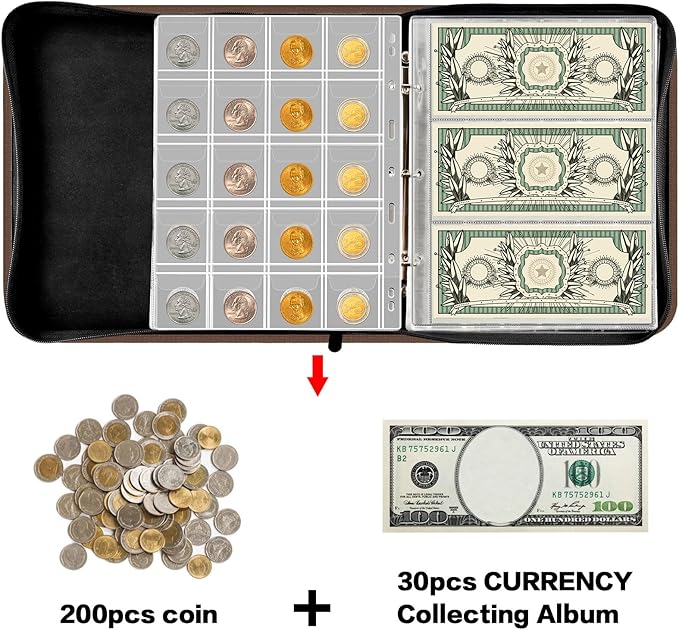 Coin Collection Book Holder for Collectors, 200 Pockets Coins Collecting Album & 30 Sleeves Paper Money Display Storage Case for Currency Collection Supplies (200+30 paper money binder)-Grey