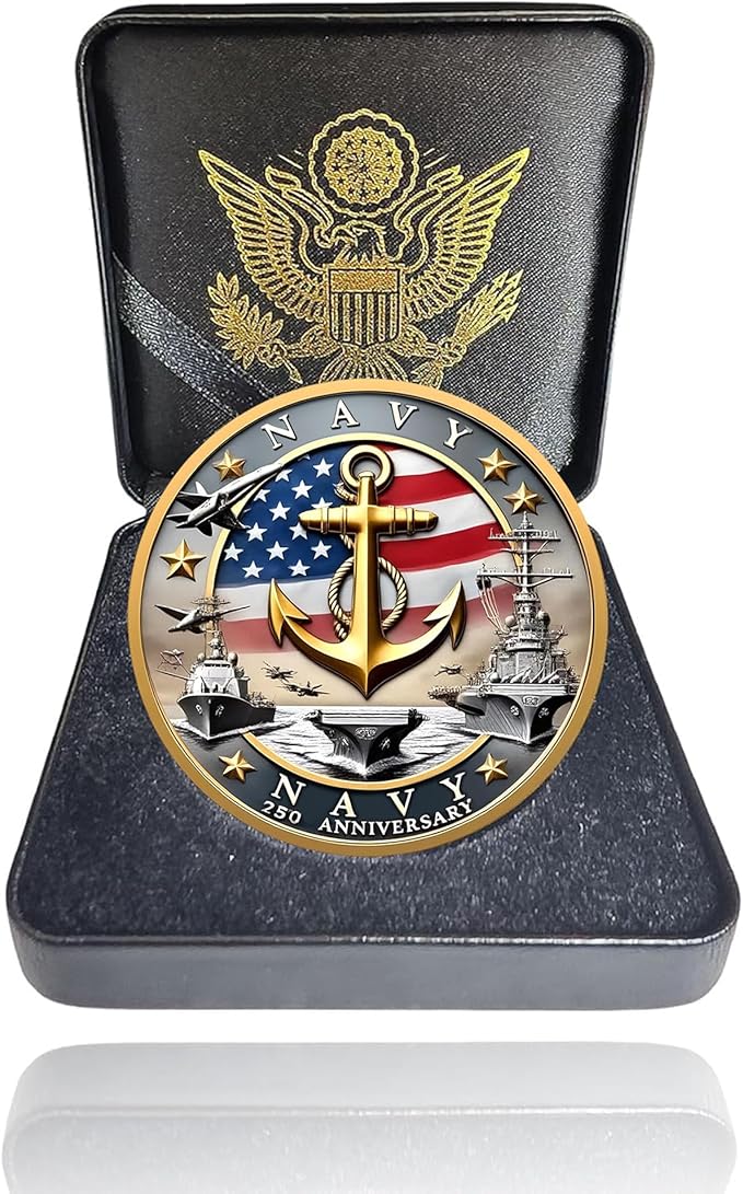 Navy 250th Anniversary Coin – USMC 250th Commemorative Double-Sided Marine Corps Challenge Coin with Metal Gift Box – Navy Challenge Coin for Veterans, Marines, Patriots – 1.57" Display