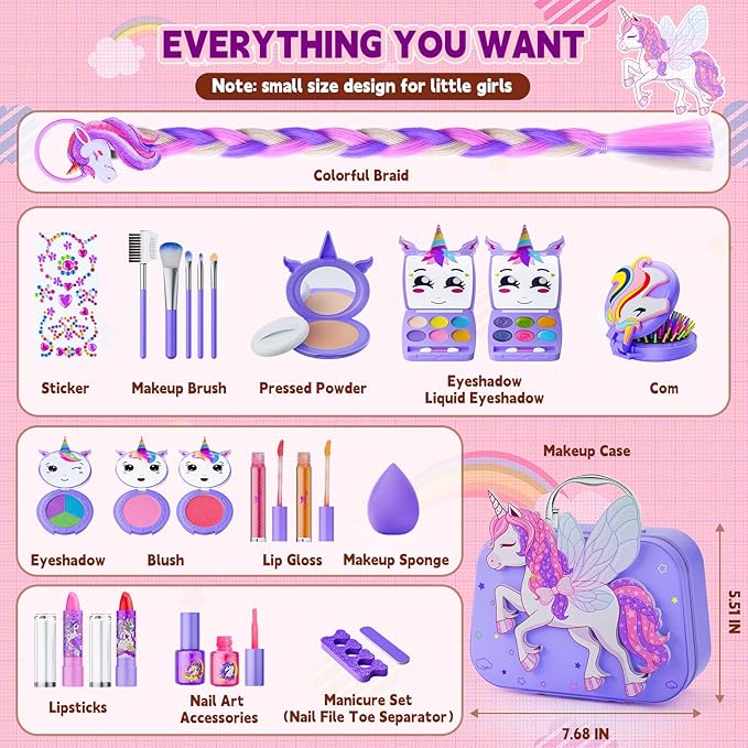 Kids Makeup Kit for Girl - Girls Makeup Kit Toys with Flying Horse Storage Case, Kids Play Makeup Set for Christmas Birthday Gift 3-12 Years Old
