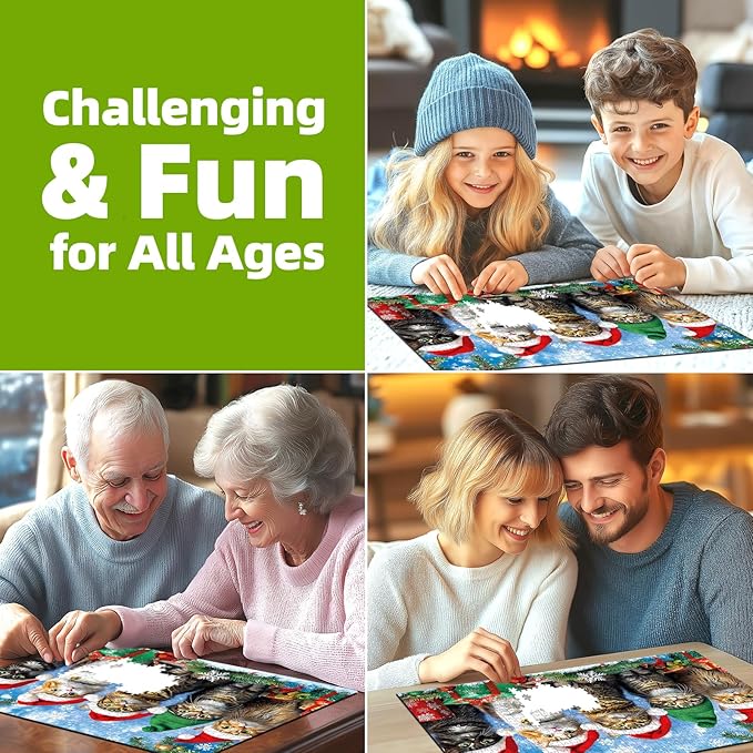 500 Piece Christmas Jigsaw Puzzle for Adults - Cute Cats in Santa Hats & Elf Hat with Unique Shaped Pieces, 23x15 Inch Holiday Puzzle for Home Decor