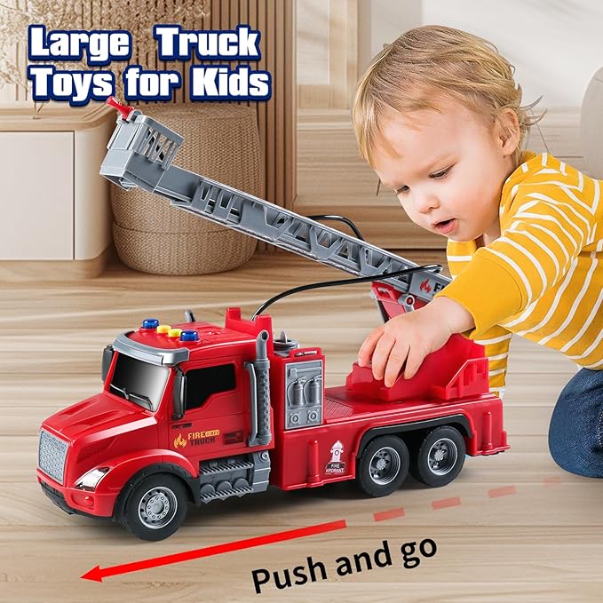 DWIRCTYS Kids Toys for 3 Years Old Boys,Friction Powered Fire Truck Toy with Lights and Sounds,Water Spray & Rotating Ladder,Birthday Gifts for Boys Girls