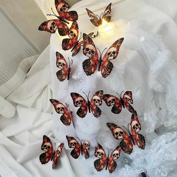 12 Pcs Halloween Wall Decor 3D Skull Butterfly Wall Decal Stickers Goth Halloween Decorations Butterflies Skeleton Designs for Festival Home Party Decoration Supplies