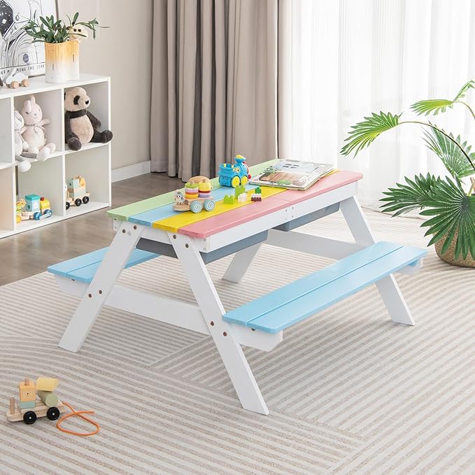 Costzon Kids Picnic Table with Sensory Bins, 4 in 1 Sand and Water Table with Height Adjustable Umbrella, Removable Tabletop for Outdoor Backyard Patio Play