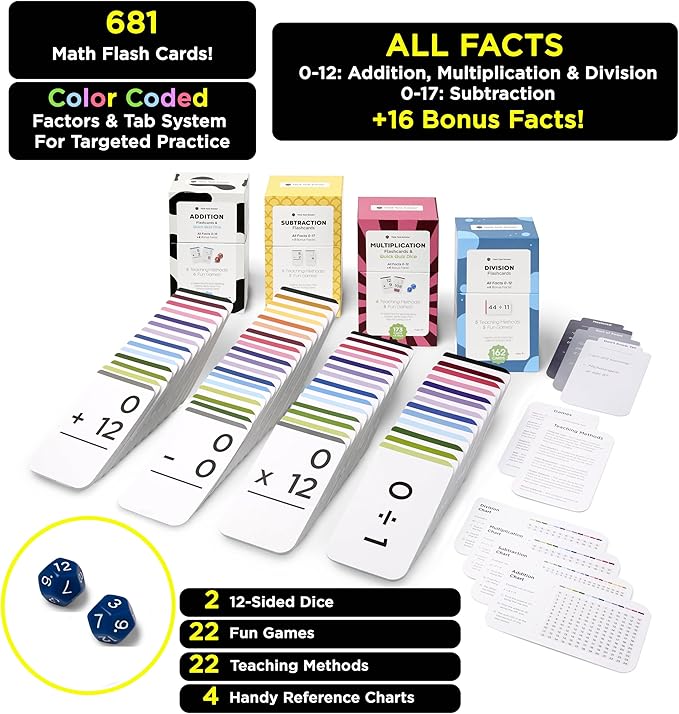Think Tank Scholar 681 Math Flash Cards & Dice – Learn Addition, Subtraction, Multiplication & Division Facts 0–12, Color-Coded with Games, Charts & Sorting Tabs, Grades K–6 – Jumbo Size (5.2” x 3.1”)