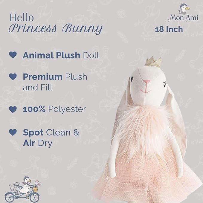 MON AMI Princess Bunny Stuffed Doll - 18", Soft & Cuddly Plush Animal Doll for Kids of All Ages, Use as Toy or Room Décor