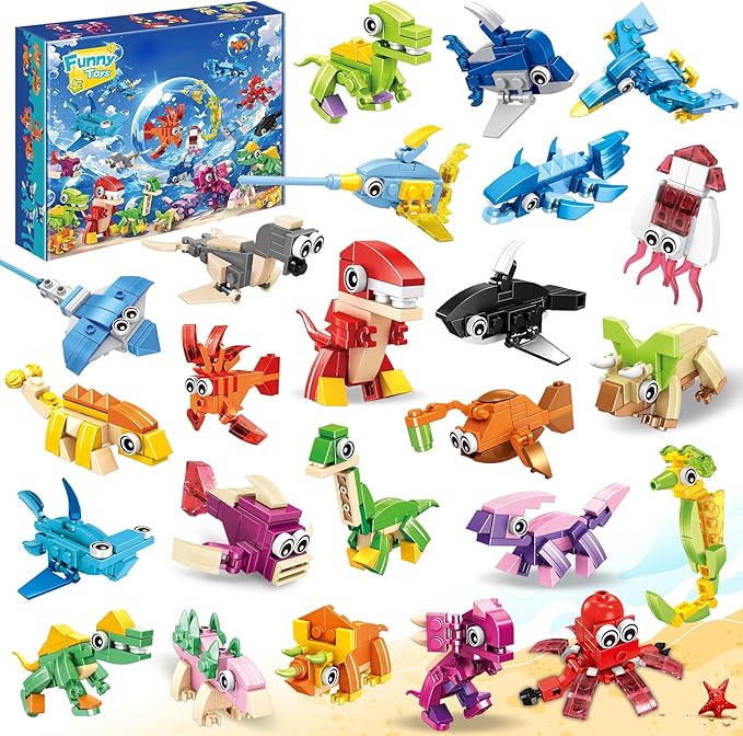 24 Party Favors Kids Building Blocks Dinosaur, Sea Animals Pool Party Favors Building Set for Birthday, Classroom Prizes,Goodies Bag Filling, Gift for Boys and Girls Ages 6-12